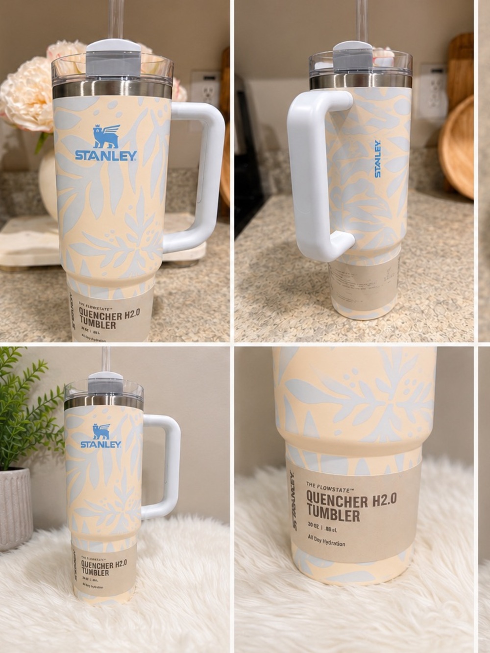 Stanley Cream & Light Blue Floral Quencher with White Handle